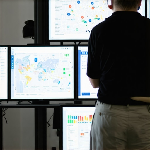 SEO expert reviewing local SEO data and maps on multiple screens