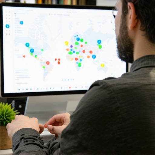 Expert Analyzing Local SEO Data Person analyzing local map SEO analytics and data on a computer screen