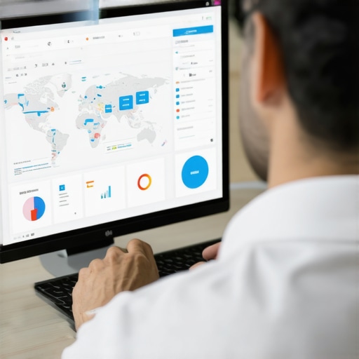 Digital marketer reviewing local SEO analytics with maps and charts.