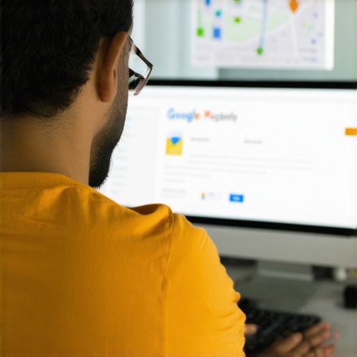 Business owner updating Google My Business profile on a laptop with maps and charts