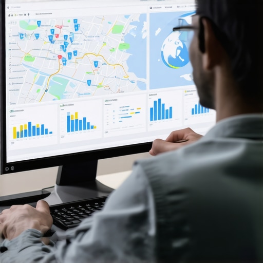 Person reviewing local map data on a monitor with analytics charts