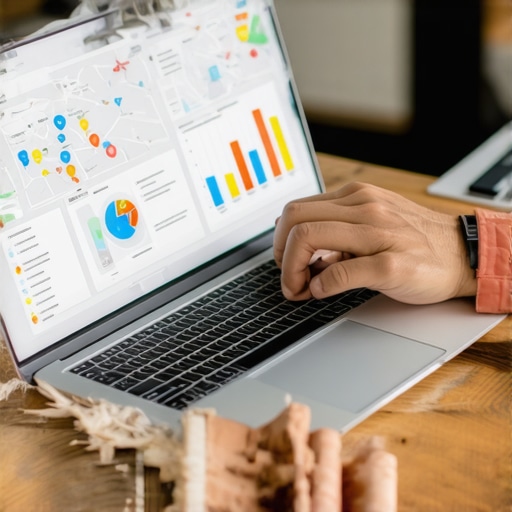 Business owner reviewing local SEO and map ranking analytics on a laptop.