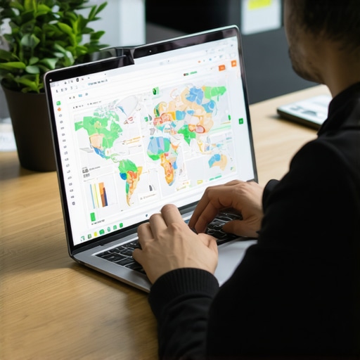 Professional analyzing local SEO data on a laptop in an office setting.