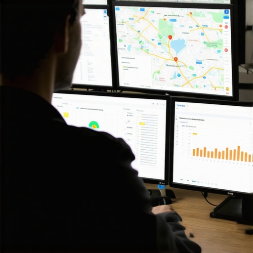 Person reviewing maps and analytics on multiple screens, illustrating continuous local SEO maintenance.