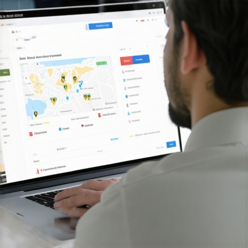 SEO professional analyzing local map rankings and data on a laptop.