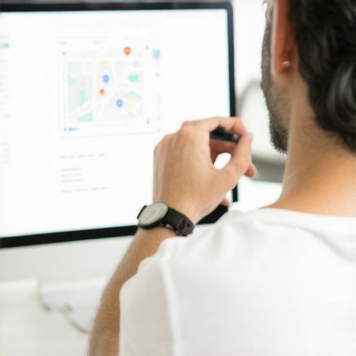 Business owner editing Google My Business listing on a laptop with map and SEO icons