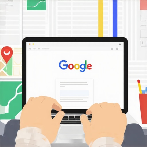 Person updating Google My Business profile on laptop with maps and SEO icons