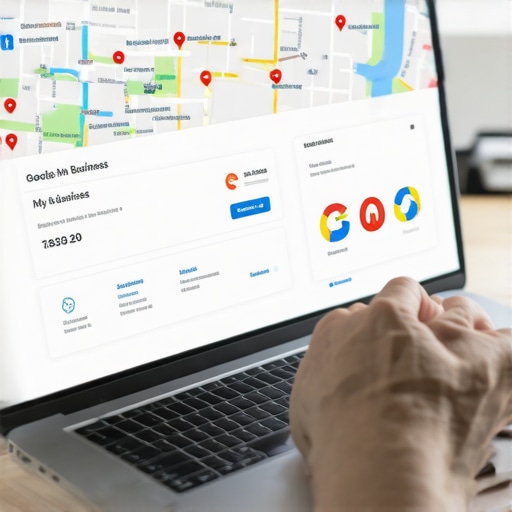 Person updating Google My Business profile on laptop with map and data visuals.