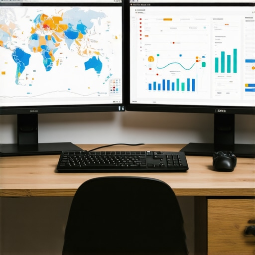 SEO Tools Dashboard for Map Optimization Person analyzing local SEO analytics on computer monitors for map rankings
