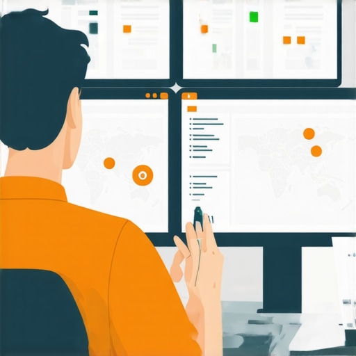 Person reviewing multiple SEO analytics dashboards on screens with maps and data charts.