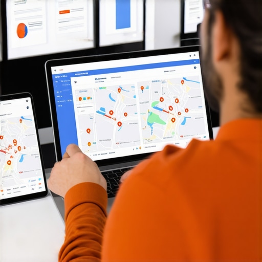 A professional reviewing local map listings on screens with maps and charts around.