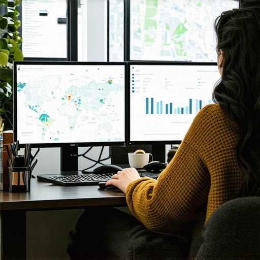 Dashboard of map optimization tools in action Person analyzing local SEO metrics on several monitors.