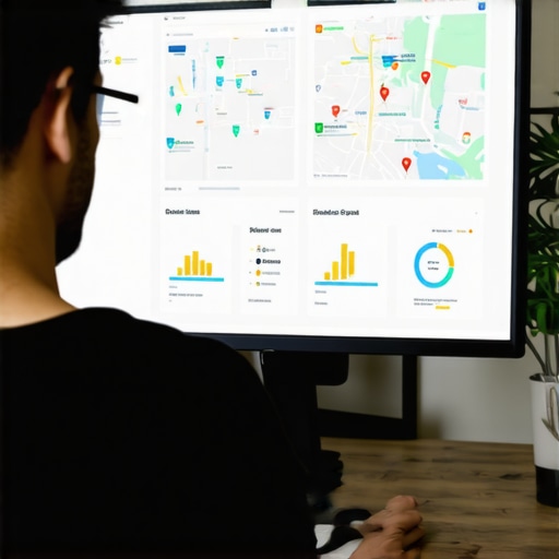 Person reviewing local SEO performance metrics and maps on a laptop.