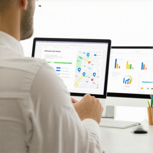 Business owner editing Google My Business profile on a laptop with performance charts and maps.