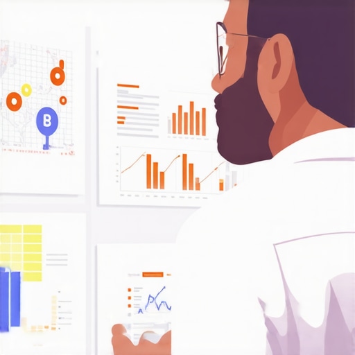 Business owner analyzing SEO dashboards and maps on multiple screens for optimization insights