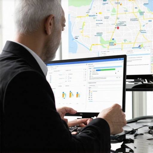 SEO specialist analyzing local map performance with multiple digital screens.