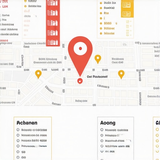 A colorful illustration showing a map with highlighted local business listings and SEO symbols.