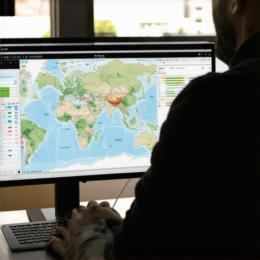 Digital marketer reviewing map optimization dashboards on a computer.