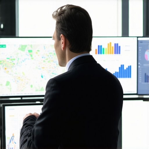 A professional reviewing map data analytics on multiple screens