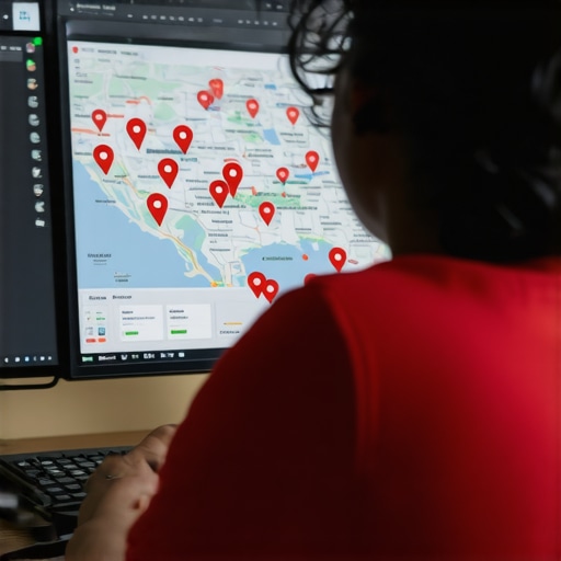 Person reviewing local SEO analytics and map markers on computer