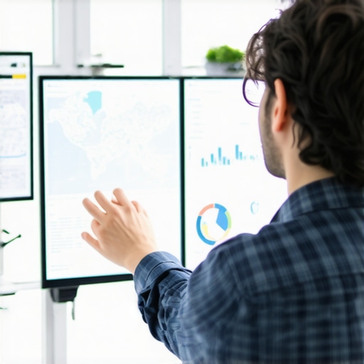 Person reviewing digital maps and SEO analytics on screens.