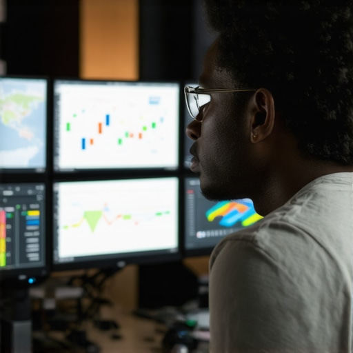 Person analyzing local SEO and map optimization dashboards on multiple monitors.