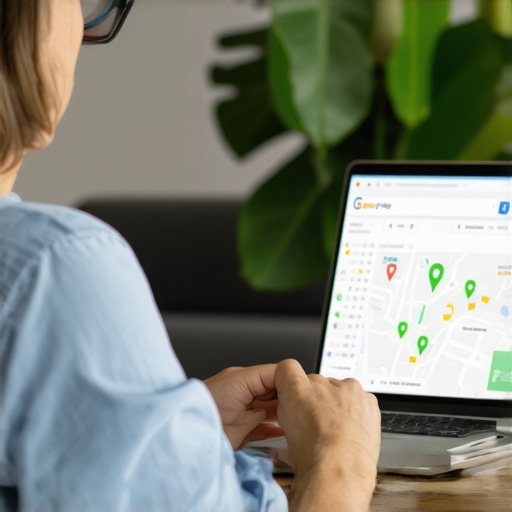 Business owner editing Google My Business profile on a laptop with map overlays.