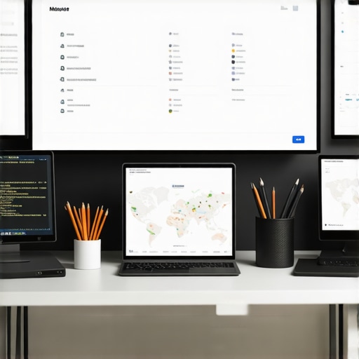 A workspace featuring multiple screens displaying local SEO dashboard analytics and maps.